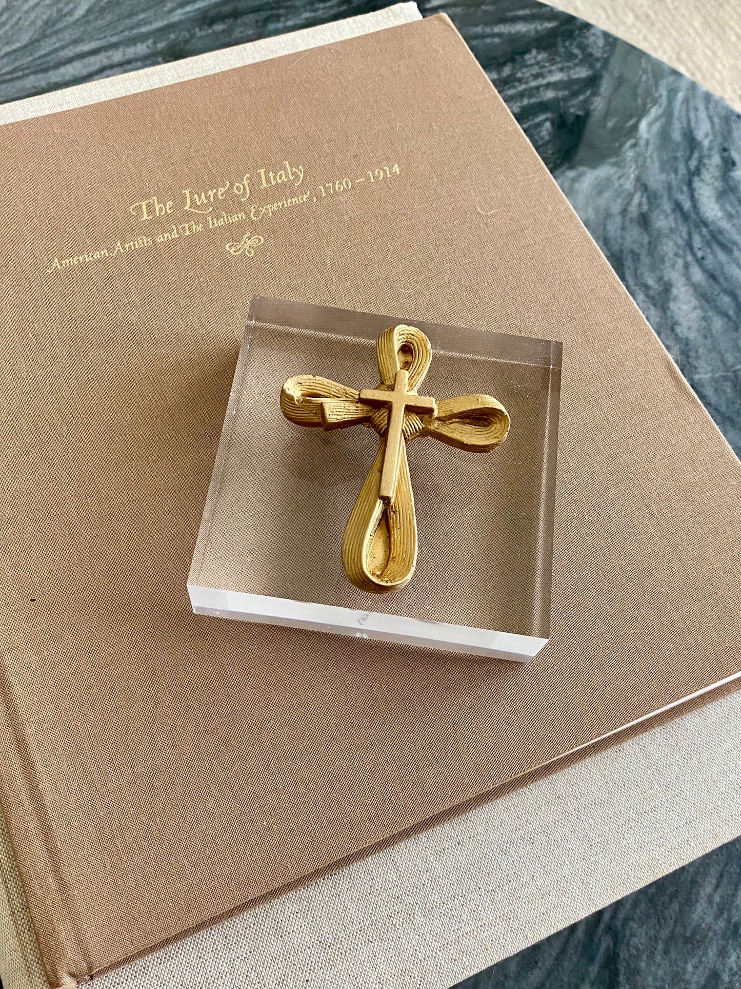 Golden Plaster Cross on Acrylic