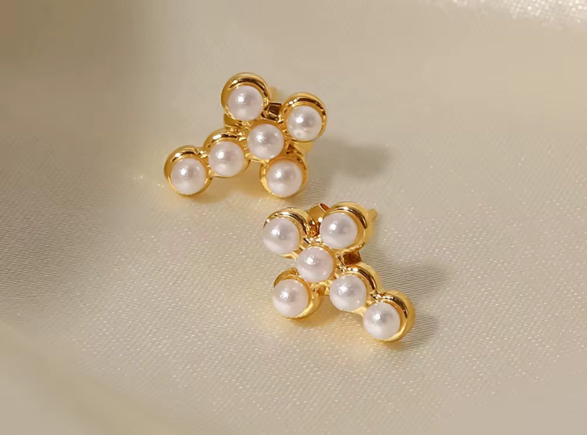 Waterproof Pearl Cross Stud