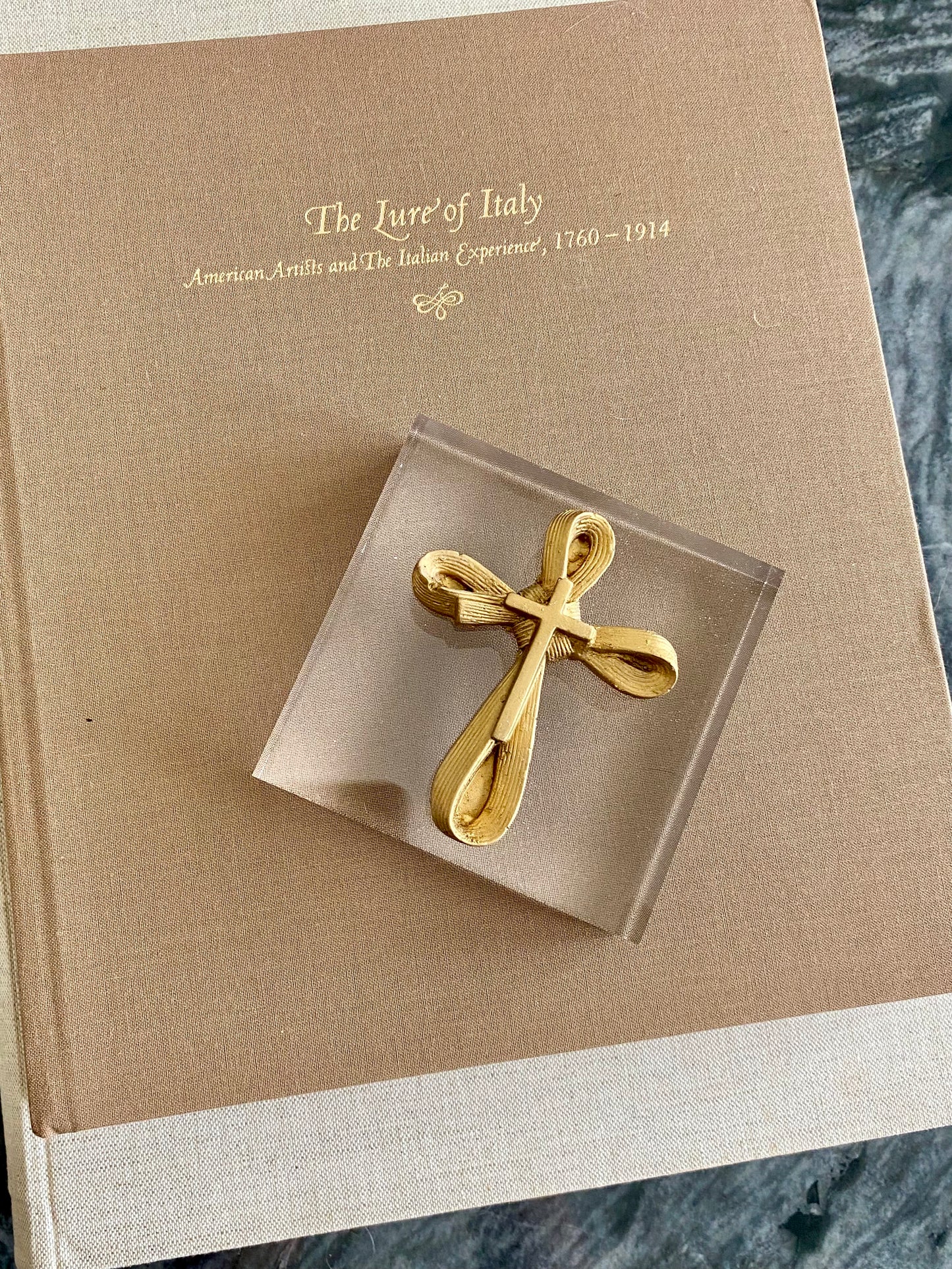 Golden Plaster Cross on Acrylic