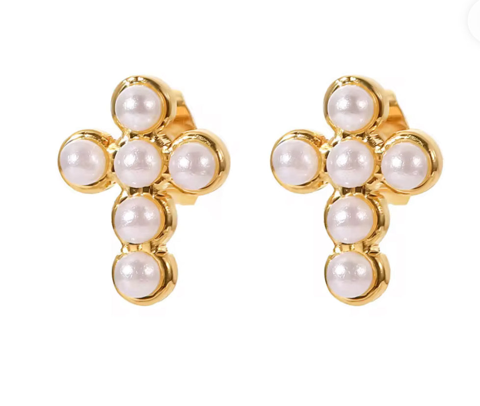 Waterproof Pearl Cross Stud