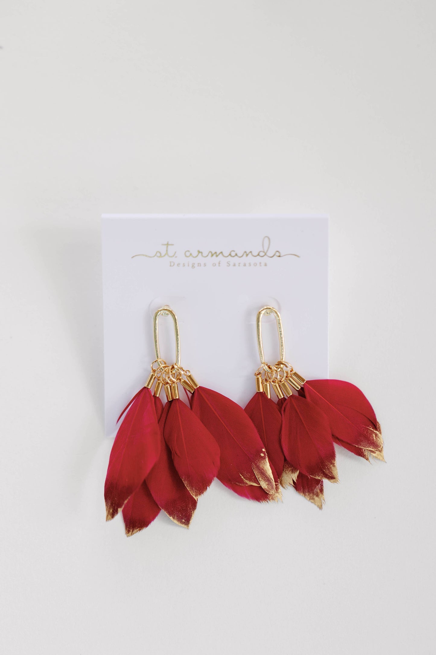 Garnet Gold Dipped Feather Statement Earrings