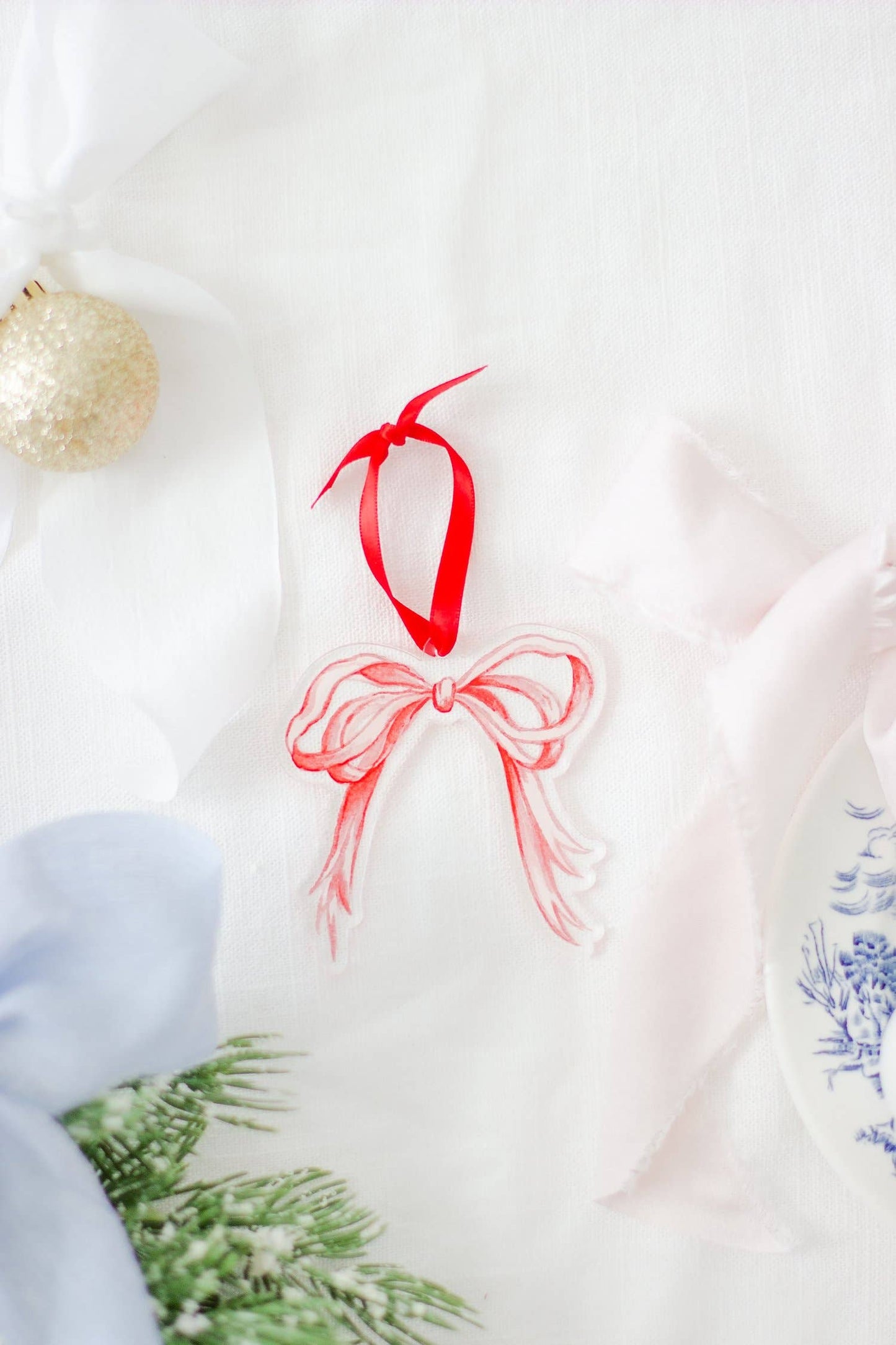 Red Grandmillennial Bow Watercolor Ornament