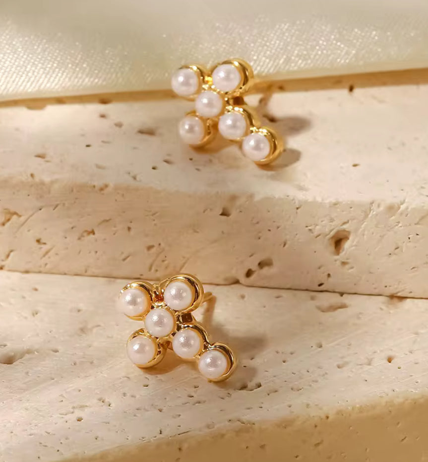 Waterproof Pearl Cross Stud