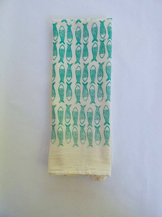 Handprinted Fish Kitchen Towel: Turquoise on Natural