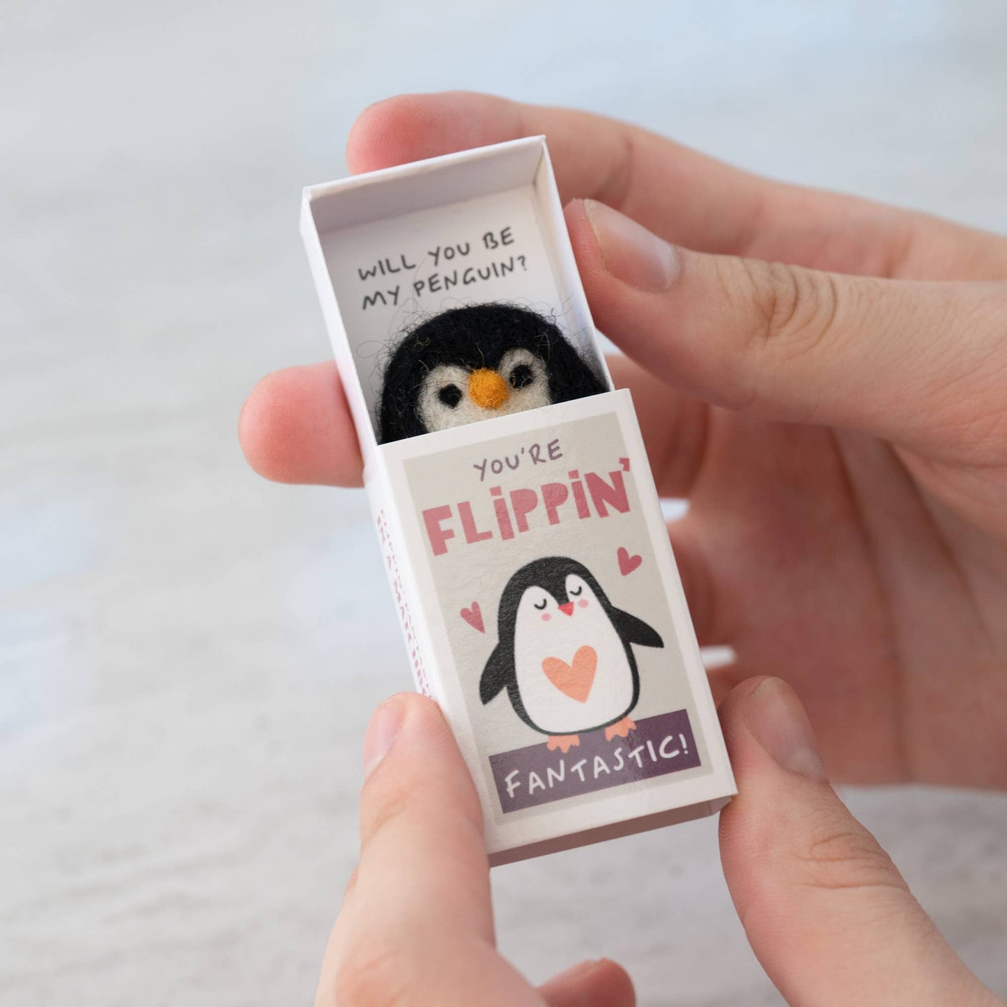 You're Flippin' Fantastic Wool Felt Penguin In A Matchbox