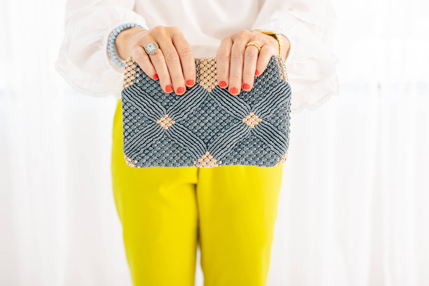 Handmade Macramé Clutch- Dusty Blue and Champagne