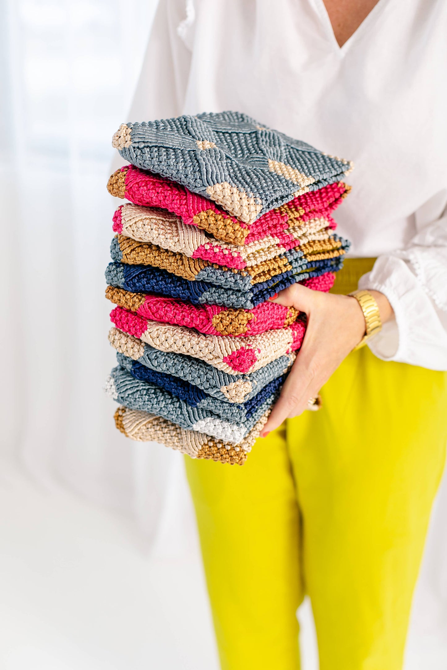Handmade Macramé Clutch- Dusty Blue and Champagne