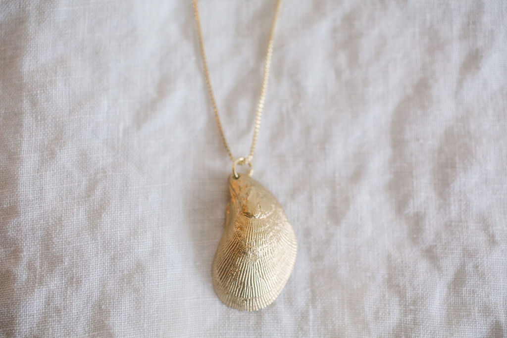 Gold necklace with a shell pendant on a textured beige background
