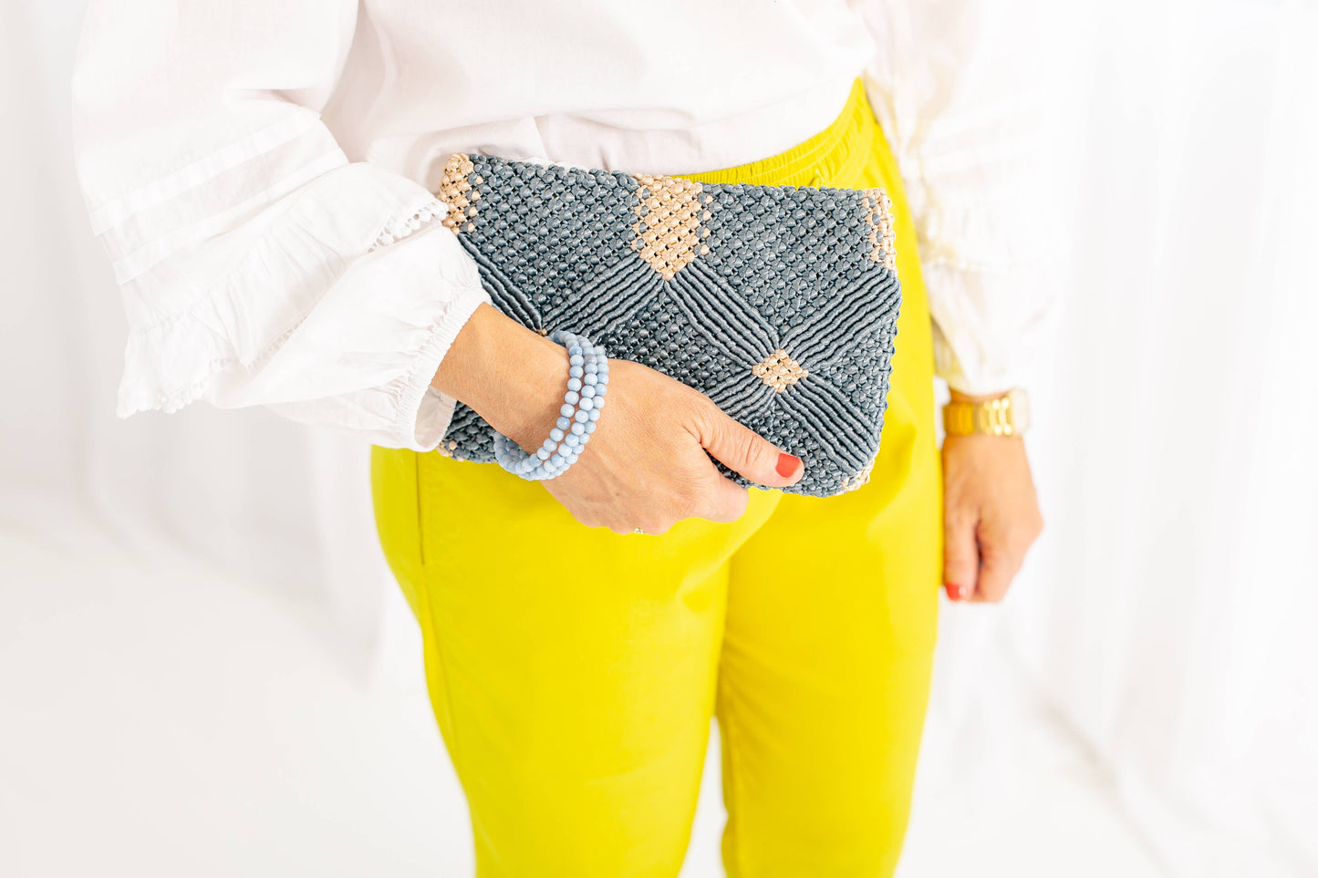 Handmade Macramé Clutch- Dusty Blue and Champagne