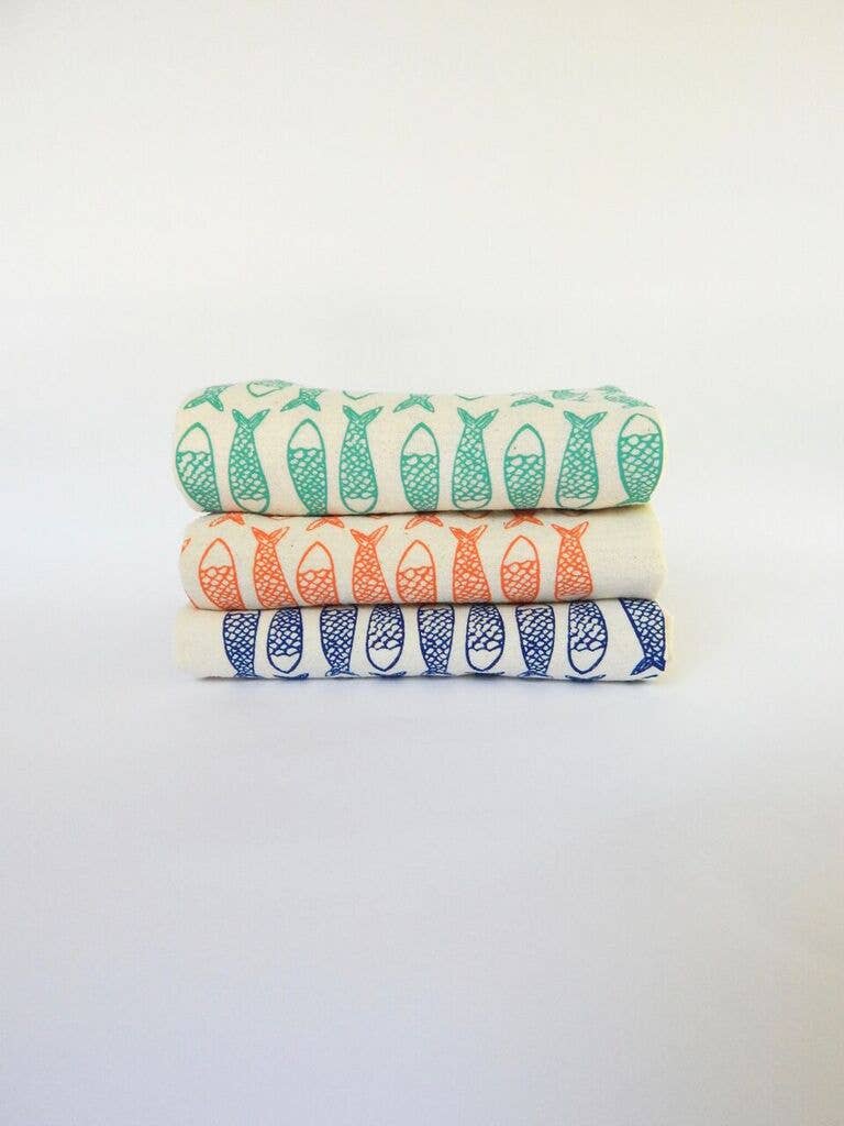 Handprinted Fish Kitchen Towel: Dark Blue on Natural