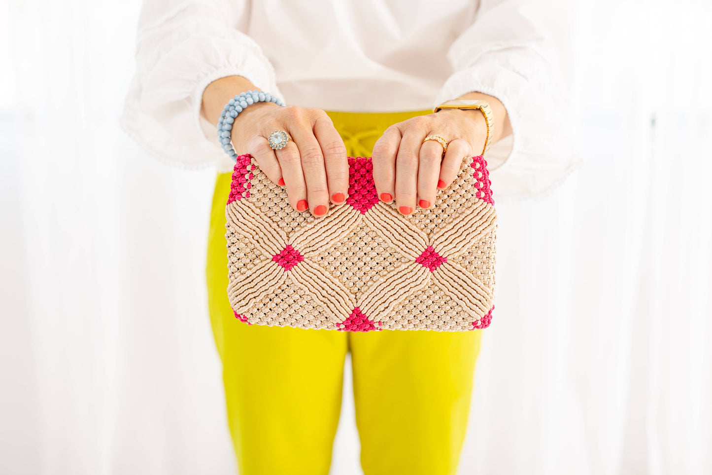 Handmade Macramé Clutch- Champagne & Pink