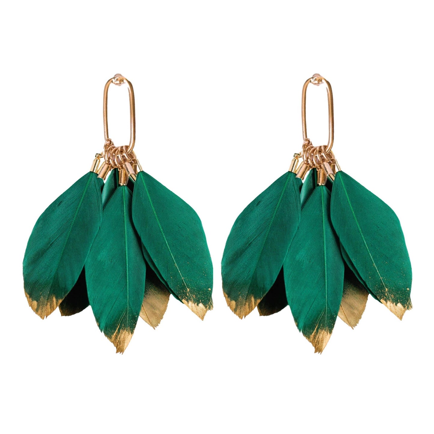 Emerald Gold Dipped Feather Tassel Statement Earrings