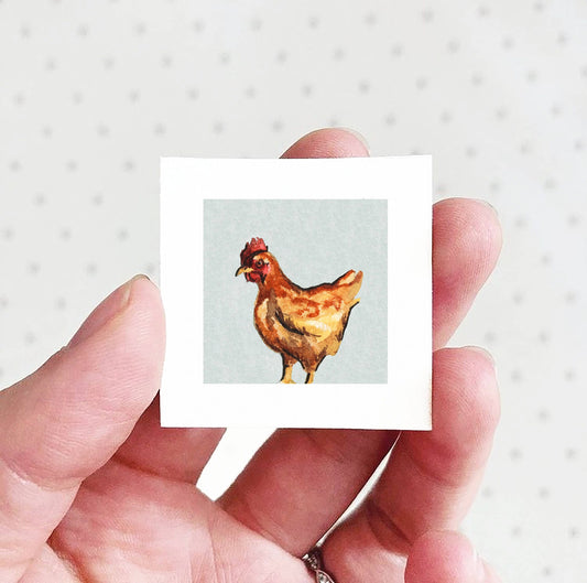 Mini 1" Chicken Rooster Hen Tiny Watercolor Art Print